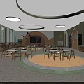 Kindergarten Interior Design With Circular Ceiling Lights Colorful Floor Wooden Tables Bookshelves And Decorative Wall