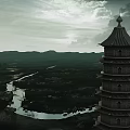 Ancient Stone Pagoda Towering Over Mountain Landscape With Dark Clouds And Lake