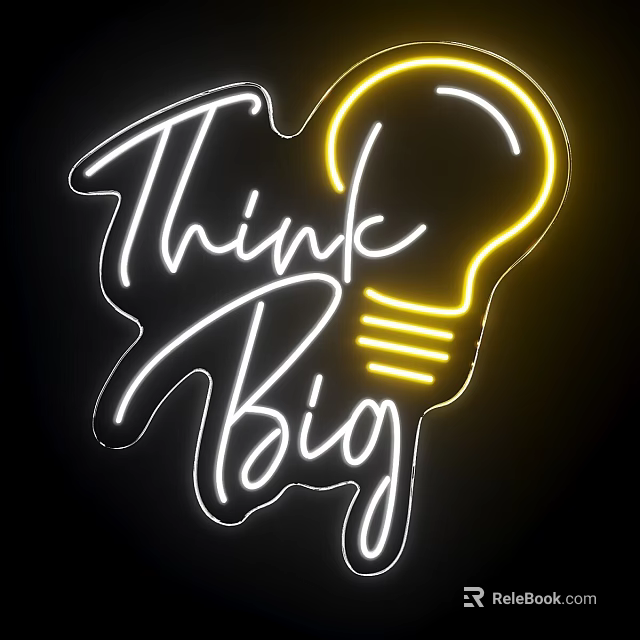 Think Big Neon Sign Design With Light Bulb Illustration On Black Background 3d model 