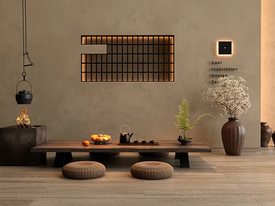 Traditional Wooden Tea Table and Chairs with Poufs Tea Set Fruits and Decorative Window 3d model