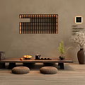 Traditional Wooden Tea Table and Chairs with Poufs Tea Set Fruits and Decorative Window