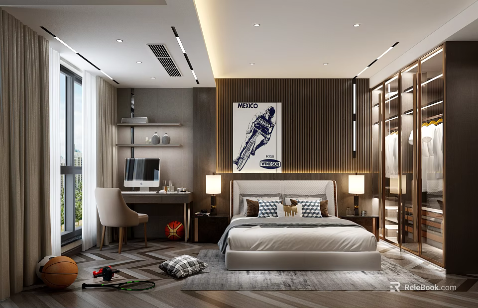 Stylish Bedroom Interior With Bed Desk Large Window Wooden Wall Poster And Sports Gear 3d model 