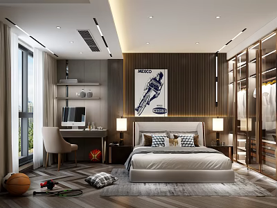 Stylish Bedroom Interior With Bed Desk Large Window Wooden Wall Poster And Sports Gear 3d model