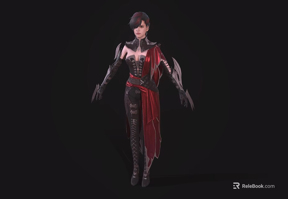 A Woman in Black Red Outfit With Metal Accents and Red Cape Fantasy Character Look 3d model 