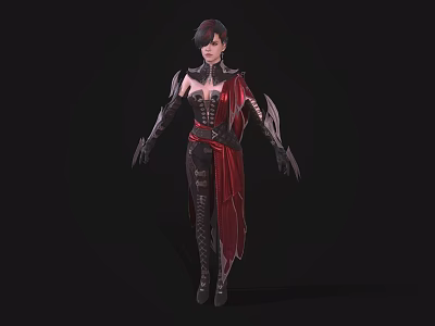 A Woman in Black Red Outfit With Metal Accents and Red Cape Fantasy Character Look 3d model
