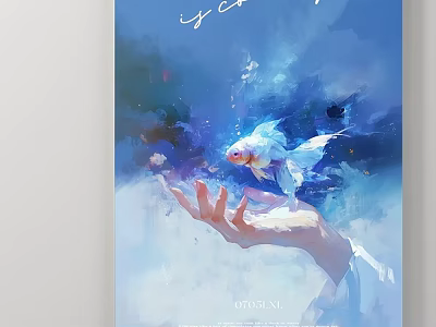 Dreamy Watercolor Landscape Painting With Hand Holding Goldfish In Blue Artistic Hues 3d model