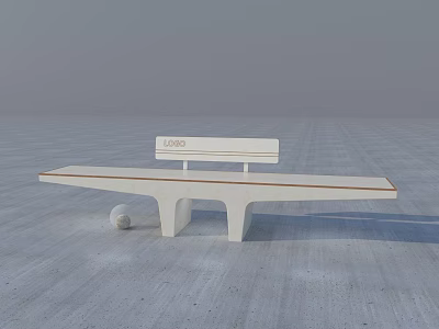 Modern white landscape bench with long seat and backrest with logo and small ball nearby 3d model