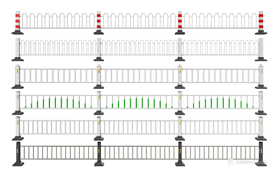Different Types Of Metal Fences With White Railings And Red White Posts 3d model 