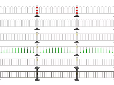 Different Types Of Metal Fences With White Railings And Red White Posts 3d model