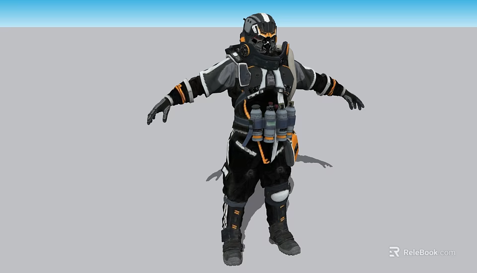 Game Movie Character in Black and Orange Battle Armor With Helmet and Protective Gear 3d model 
