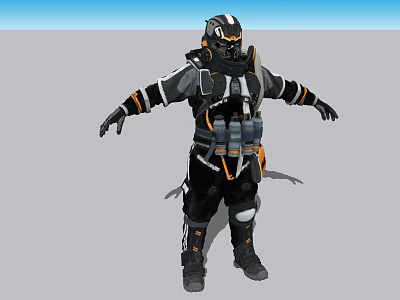 Game Movie Character in Black and Orange Battle Armor With Helmet and Protective Gear 3d model