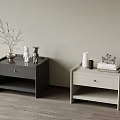 Dark and Light Gray Bedside Tables With Decorative Items Books and Vases 3d model
