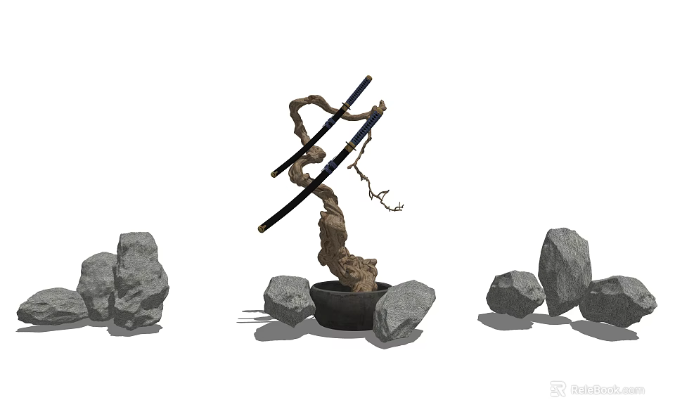 Decorative Garden Ornament Featuring Twisted Branch Potted Plant And Surrounding Stones 3d model 