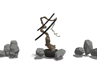 Decorative Garden Ornament Featuring Twisted Branch Potted Plant And Surrounding Stones 3d model