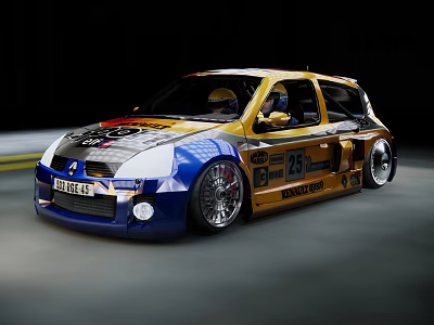 Dynamic Modified Racing Car With Yellow Blue Body Sponsor Logos And Number 25 3d model