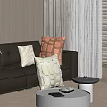 Decorative Beige and Brown Textured Pillows on Black Leather Sofa in Modern Living Room