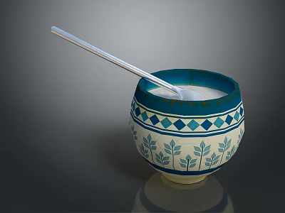 Carved Sculpture Bowl With Blue White Geometric Leaf Patterns And Silver Spoon On Smooth Surface 3d model