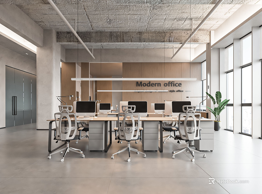 Modern Public Office Space With Spacious Desks Ergonomic Chairs Computers Large Windows And Green Plant 3d model 