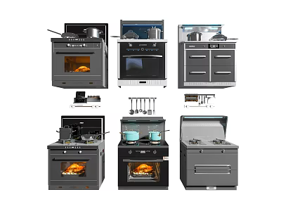 Various Modern Kitchen Appliances Including Ovens Stoves Drawer Units And Cooking Tools 3d model