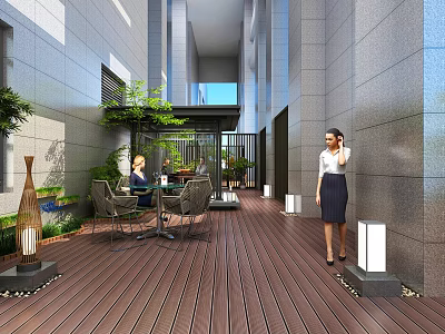 Modern Courtyard Garden Landscape Featuring Wooden Flooring Green Plants And Outdoor Seating Area 3d model