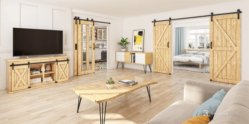 Modern Open Living Room Interior With Wooden Sliding Barn Doors Coffee Table And Sofa 3d model 