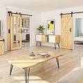 Modern Open Living Room Interior With Wooden Sliding Barn Doors Coffee Table And Sofa