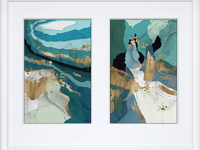 Abstract Painting Set Featuring Blue Green Gold Brush Strokes And Framed Art 3d model