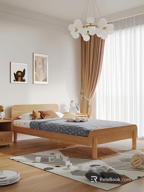 Cozy Wooden Kids Bed With Blue Star Sheets Soft Pillows Nightstand Lamp And Wall Art 3d model 