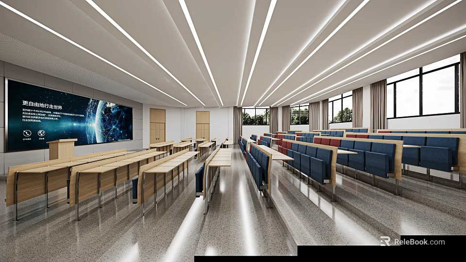 Modern Conference Room With Large Screen Blue Seats Wooden Tables And Ceiling Lighting 3d model 