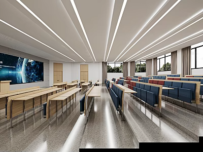 Modern Conference Room With Large Screen Blue Seats Wooden Tables And Ceiling Lighting 3d model