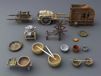 Traditional Handcrafted Garden Decorative Items With Wheelbarrow Millstone And Woven Baskets 3d model