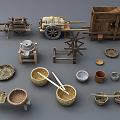 Traditional Handcrafted Garden Decorative Items With Wheelbarrow Millstone And Woven Baskets