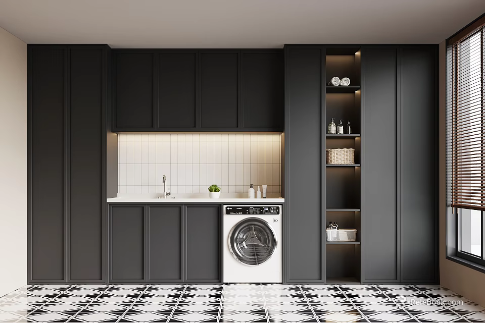 Modern Laundry Area Interior Design With Black Cabinets White Tiled Backsplash And White Washing Machine 3d model 