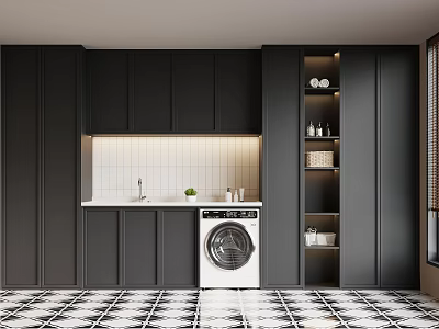 Modern Laundry Area Interior Design With Black Cabinets White Tiled Backsplash And White Washing Machine 3d model