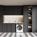 Modern Laundry Area Interior Design With Black Cabinets White Tiled Backsplash And White Washing Machine