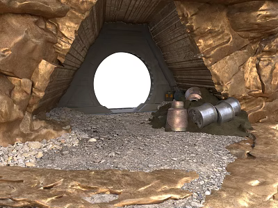 Underground Cave Entrance With Circular Portal Rock Walls And Metal Containers 3d model