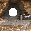 Underground Cave Entrance With Circular Portal Rock Walls And Metal Containers