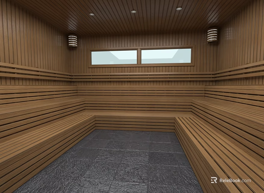 Sauna Interior With Wooden Walls Ceiling Bench Seats Small Windows And Dark Stone Floor 3d model 