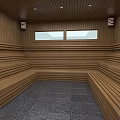 Sauna Interior With Wooden Walls Ceiling Bench Seats Small Windows And Dark Stone Floor