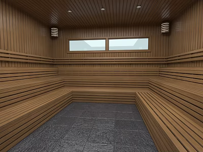 Sauna Interior With Wooden Walls Ceiling Bench Seats Small Windows And Dark Stone Floor 3d model