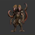 Two Headed Monkey Like Mythical Creature With Red Tentacles Furry Body And Sharp Claws