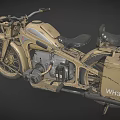 Vintage Khaki Motorcycle with Classic Headlight Side Case Metal Frame and Leather Seat