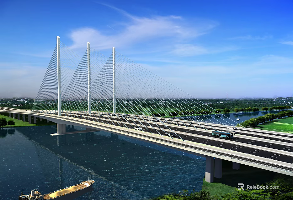Modern Cable Stayed Bridge With Towers Cables Vehicles Over River And Blue Sky 3d model 