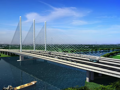 Modern Cable Stayed Bridge With Towers Cables Vehicles Over River And Blue Sky 3d model