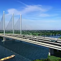 Modern Cable Stayed Bridge With Towers Cables Vehicles Over River And Blue Sky