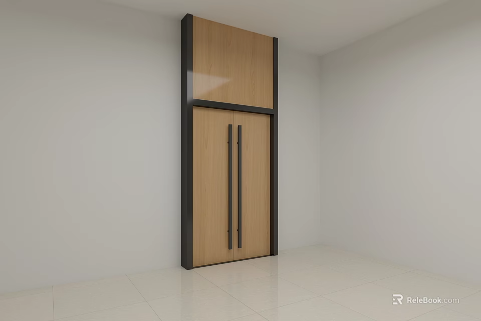 Modern Room Interior Featuring Wooden Double Doors With Black Frame And Upper Cabinet 3d model 