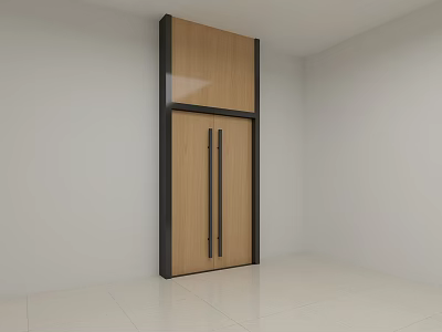 Modern Room Interior Featuring Wooden Double Doors With Black Frame And Upper Cabinet 3d model