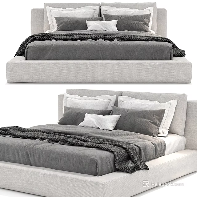 Modern Double Bed With Gray White Bedding Pillows And Throw Blanket 3d model 