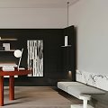 Modern Study Interior Design With Red Desk Black Bookshelf White Books And Table Lamp