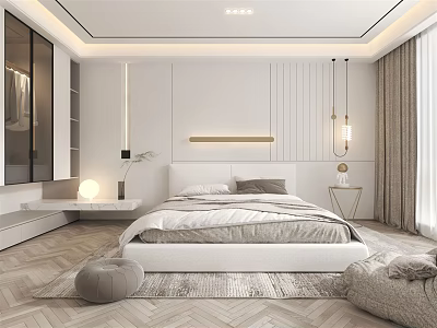Modern Bedroom Interior With White Bed Frame Nightstand Soft Lighting And Plush Rug 3d model